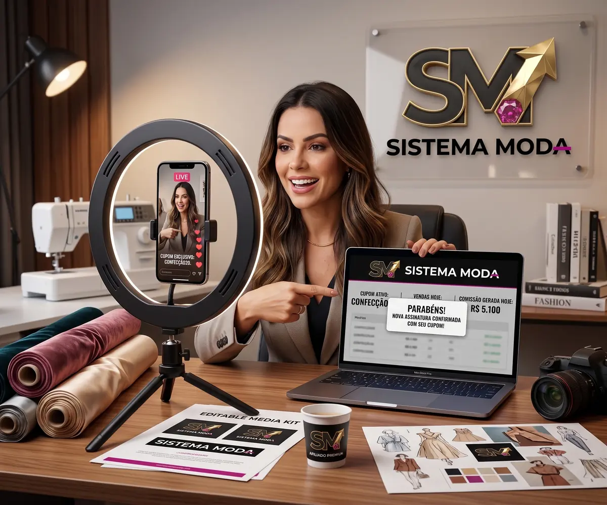 Afiliada divulgando o Sistema Moda ao vivo e acompanhando a comissão gerada pelo cupom